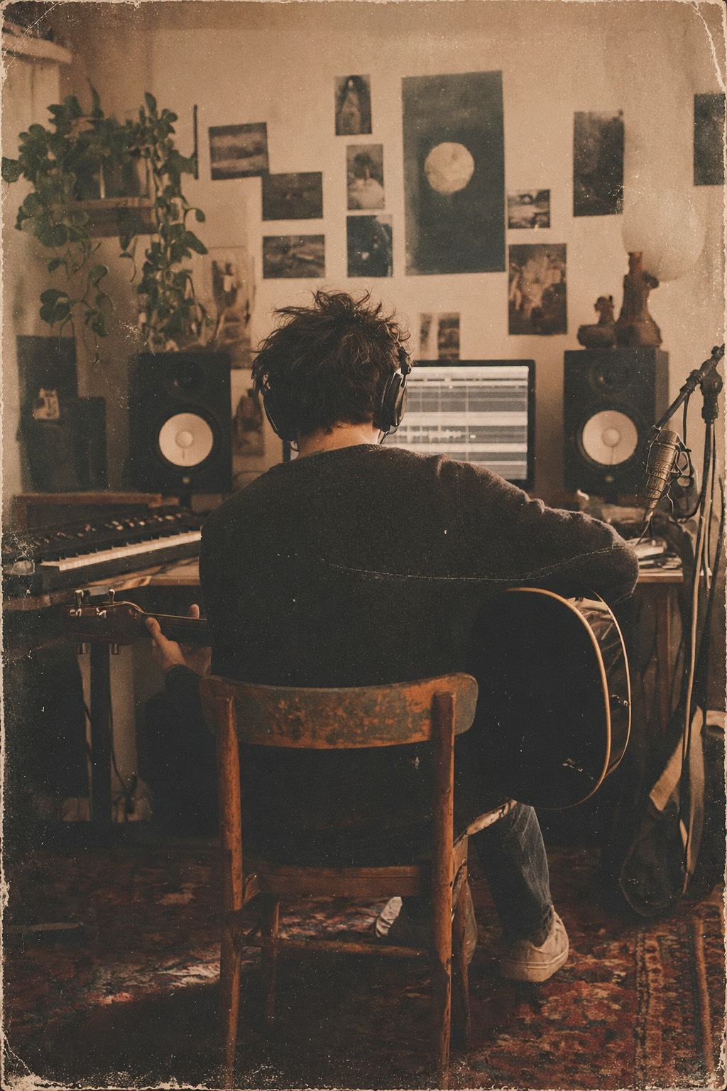 Un musicien de dos, guitare en main et casque sur les oreilles, qui travaille dans son home studio