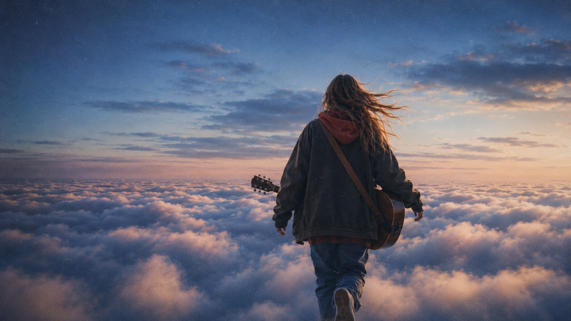 Musicien·ne marchant au-dessus des nuages avec sa guitare au crépuscule