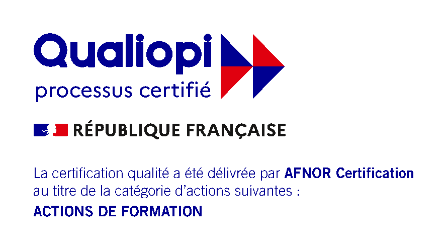 Qualiopi, processus certifié. République française. La certification qualité a été délivrée par AFNOR Certification au titre de la catégorie d'actions suivantes : actions de formation.